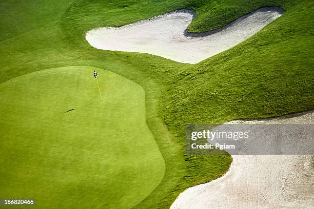 green golf course aerial view - putting green overhead stock pictures, royalty-free photos & images
