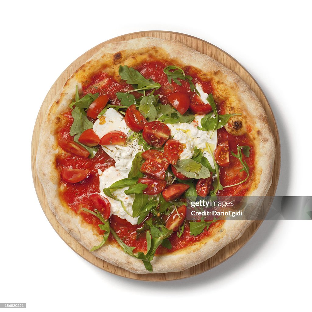 Pizza fresh tomatoes, arugula, burrata on wooden plate, white background