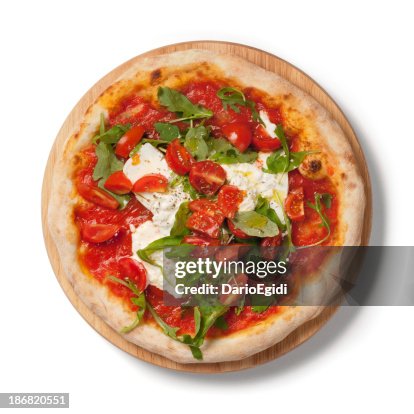 Pizza fresh tomatoes, arugula, burrata on wooden plate, white background Pizza fresh tomatoes, arugula, burrata on wooden plate, white background