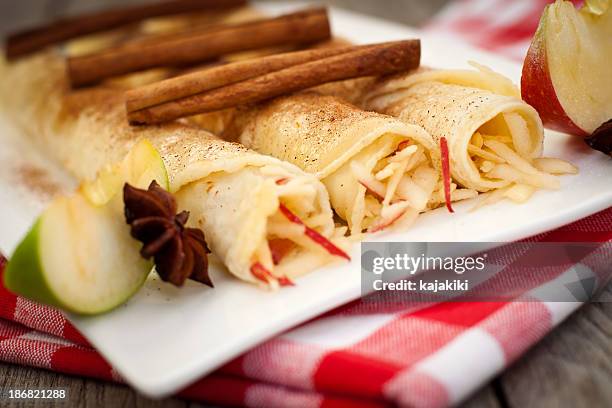 crepes with apple, honey and cinnamon - homemade apple sauce stock pictures, royalty-free photos & images