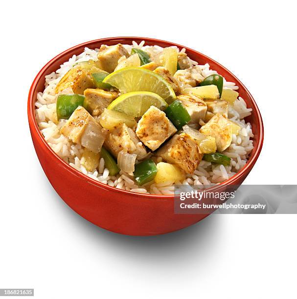 karibik gegrilltes huhn und reis bowl - rice bowl stock-fotos und bilder