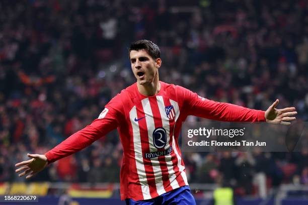 Alvaro Morata of Atletico Madrid celebrates after scoring their team's second goal during the LaLiga EA Sports match between Atletico Madrid and...