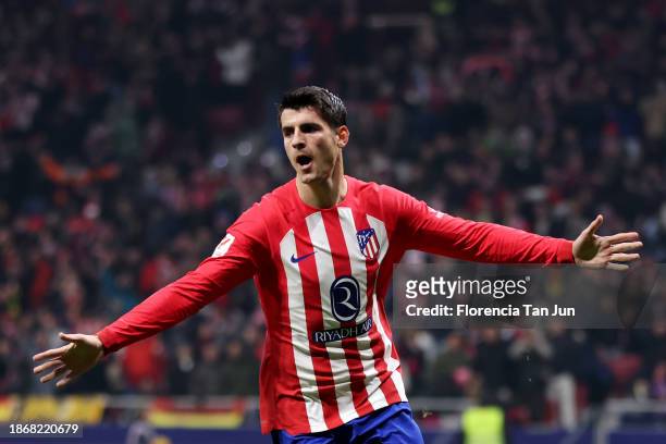 Alvaro Morata of Atletico Madrid celebrates after scoring their team's second goal during the LaLiga EA Sports match between Atletico Madrid and...