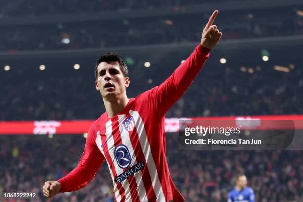 Alvaro Morata of Atletico Madrid celebrates after scoring their team's second goal during the LaLiga EA Sports match between Atletico Madrid and...