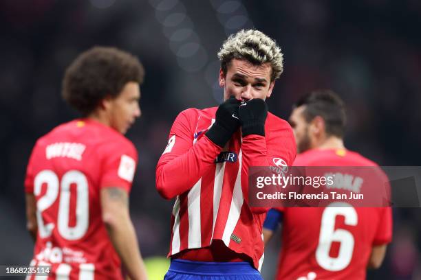 Antoine Griezmann of Atletico Madrid celebrates scoring their team's third goal from the penalty spot during the LaLiga EA Sports match between...