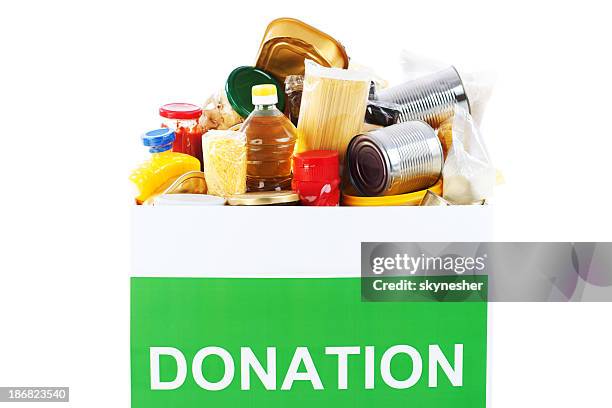 food donation box. - stacked canned food stock pictures, royalty-free photos & images