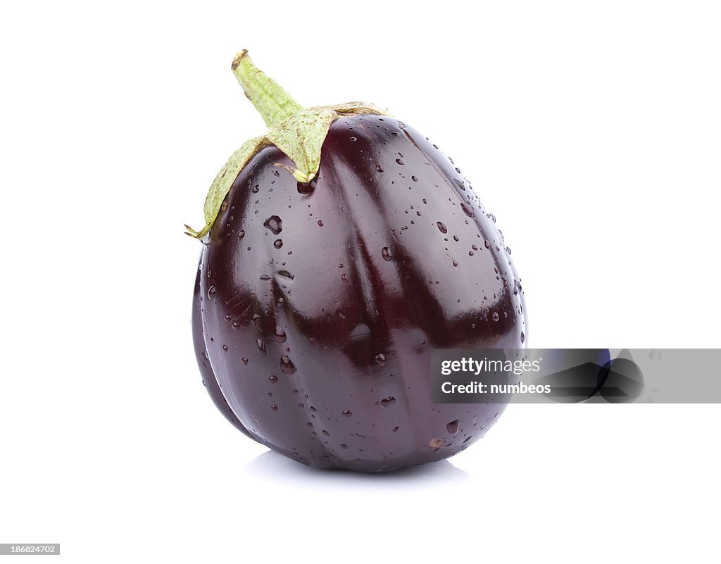 A single purple eggplant on a white background