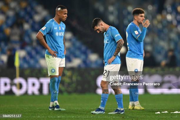 The players of SSC Napoli look dejected at full-time following their team's defeat in the Coppa Italia - Round of 16 match between SSC Napoli and...