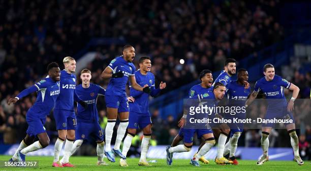 Chelsea celebrate after winning the penalty shoot out during the Carabao Cup Quarter Final match between Chelsea and Newcastle United at Stamford...