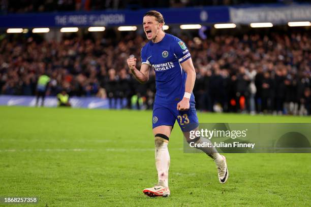 Conor Gallagher of Chelsea celebrates after scoring their sides second penalty during a penalty shoot out in the Carabao Cup Quarter Final match...