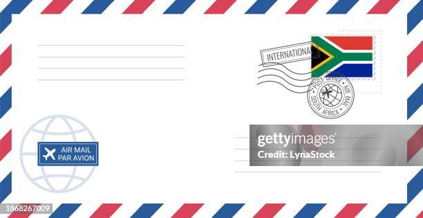 blank air mail envelope with south africa postage stamp. postcard vector illustration with south african national flag isolated on white background. - south african flag stock illustrations