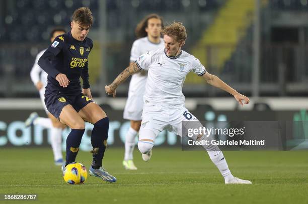 Daniel Maldini of Empoli FC battles for the ball with Nicolo' Rovella of SS Lazio during the Serie A TIM match between Empoli FC and SS Lazio at...