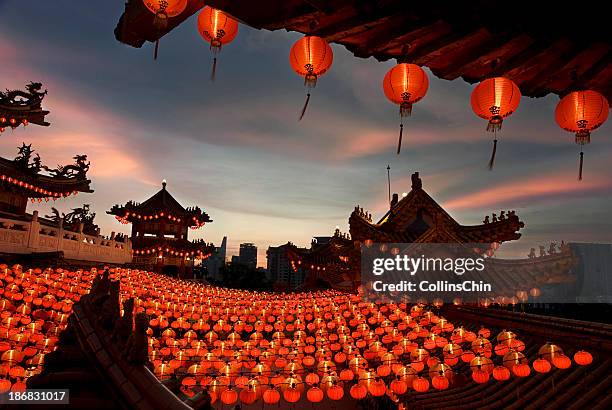 scene of chinese temple with lanterns - thean hou stock pictures, royalty-free photos & images