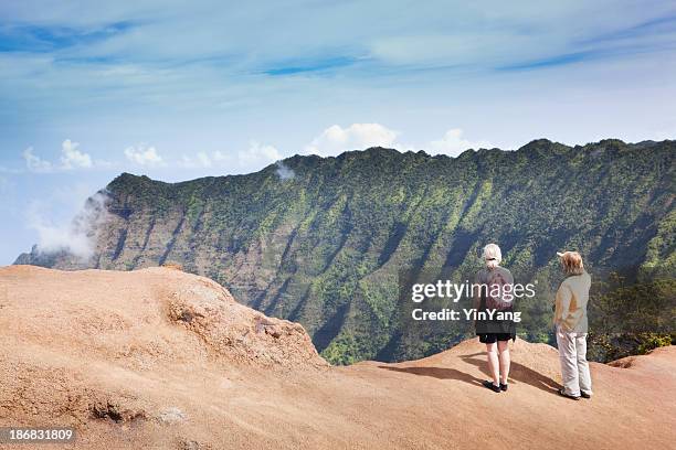 tourist hiking the trails of na pali coast, kauai hawaii - waimea valley stock pictures, royalty-free photos & images