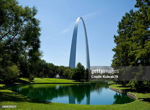 reflection of the st louis gateway arch seen from a park - gateway arch st louis stock pictures, royalty-free photos & images