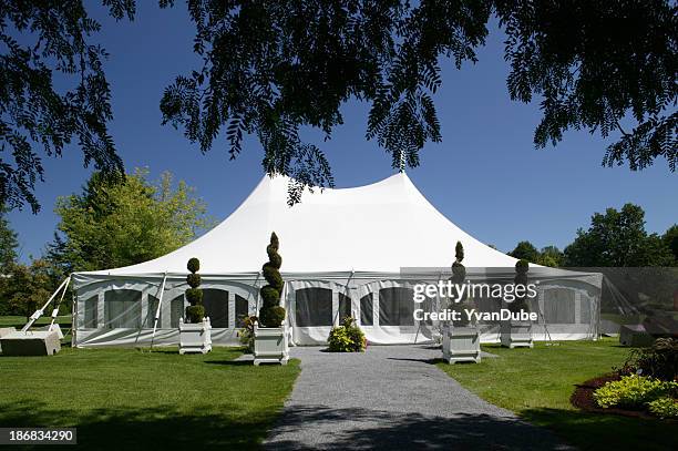 große white party im himmelbett im park - markise garten stock-fotos und bilder