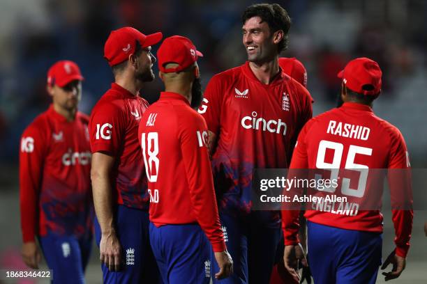 Reece Topley of England gets the final West Indian wicket, Andre Russell during the 4th T20 International match between West Indies and England at...