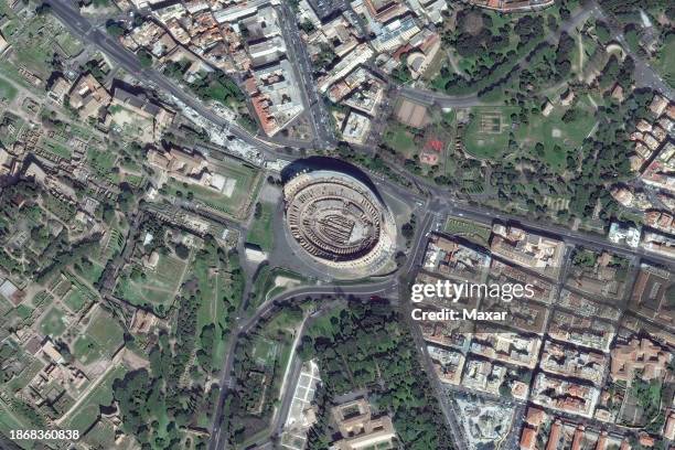 Maxar satellite imagery of the Colosseum in Rome, Italy. Please use: Satellite image 2023 Maxar Technologies.