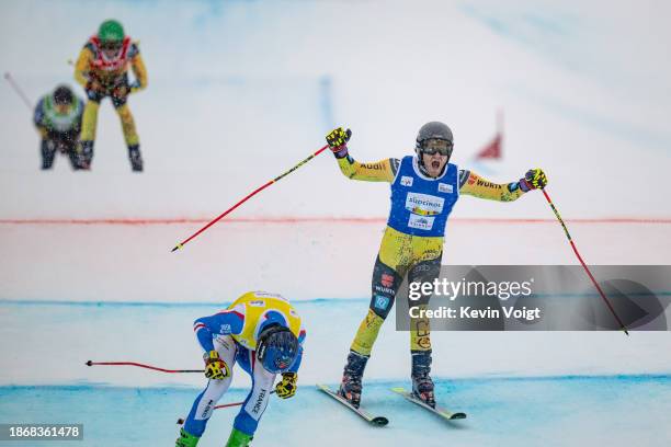 Tim Hronek of Germany celebrates in the finish for placing second at the FIS Freestyle World Cup Men's and Women's Ski Cross Finals on December 22,...