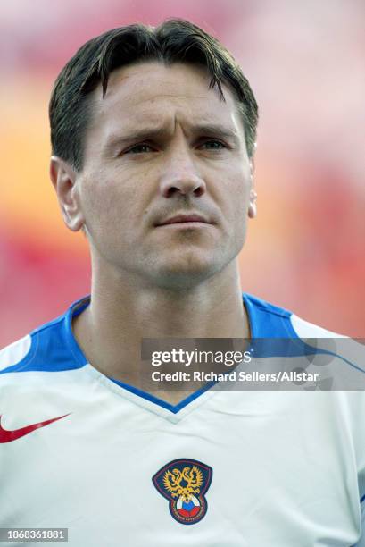 June 12: Dmitri Alenichev of Russia portrait before the UEFA Euro 2004 match between Spain and Russia at Estadio Faro-loule on June 12, 2004 in...