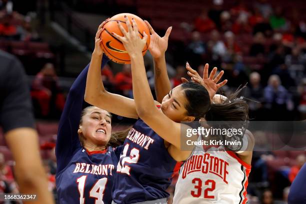 Kilyn McGuff of the Belmont Bruins grabs a rebound from Cotie McMahon of the Ohio State Buckeyes during the third quarter of the game at Value City...