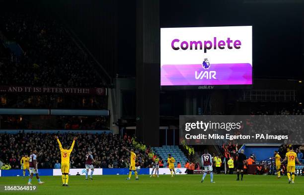 Close up of the large VAR screen as referee Anthony Taylor reviews the on-field VAR screen before overruling Aston Villa's first goal of the game for...