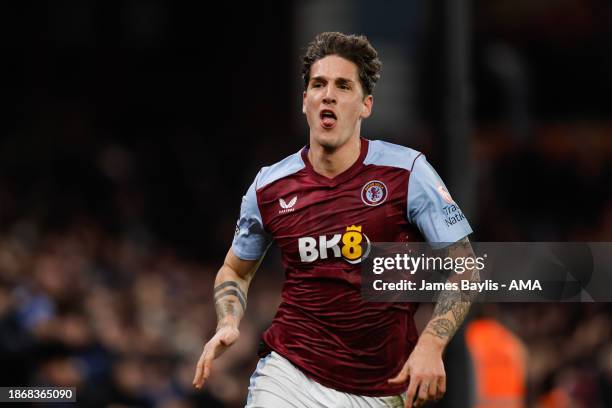 Nicolo Zaniolo of Aston Villa celebrates after scoring a goal to make it 1-1 during the Premier League match between Aston Villa and Sheffield United...