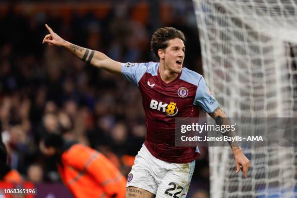 Nicolo Zaniolo of Aston Villa celebrates after scoring a goal to make it 1-1 during the Premier League match between Aston Villa and Sheffield United...