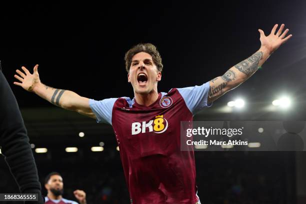 Nicolo Zaniolo of Aston Villa celebrates scoring his late equalising goal during the Premier League match between Aston Villa and Sheffield United at...