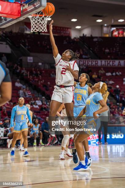 Oklahoma Sooners guard Reyna Scott laying the ball up versus Southern on December 22 at the Lloyd Noble Center in Norman, Oklahoma.