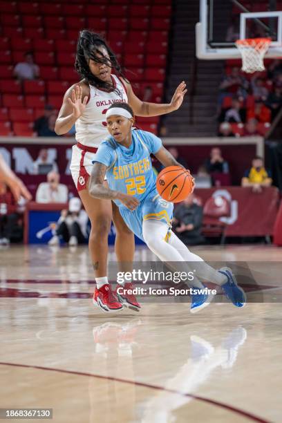 Southern University guard Survive Legions makes a move towards the basket versus Oklahoma on December 22 at the Lloyd Noble Center in Norman,...