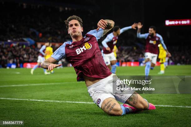 Nicolo Zaniolo of Aston Villa celebrates scoring his late equalising goal during the Premier League match between Aston Villa and Sheffield United at...