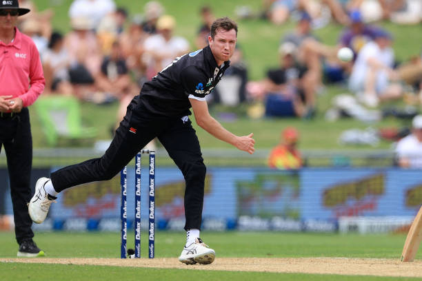 New Zealand's Adam Milne bowls during the third one-day international cricket match between New Zealand and Bangladesh at McLean Park in Napier on...