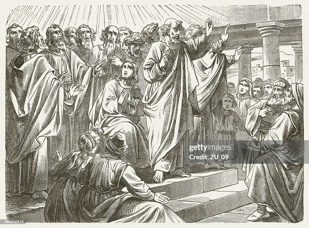 Pentecost (Acts 2, 1-4), wood engraving, published in 1877