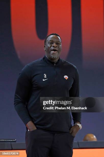 Head Coach DeSagana Diop of the Westchester Knicks looks on during the game against the Indiana Mad Ants during the 2023 G League Winter Showcase...