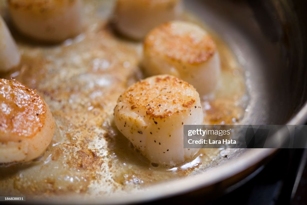 Scallops sizzling in butter