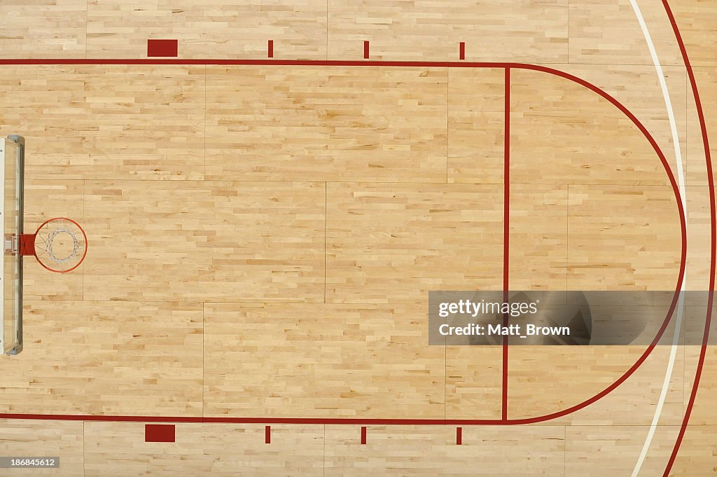 An aerial view above half of one end of a basketball court 