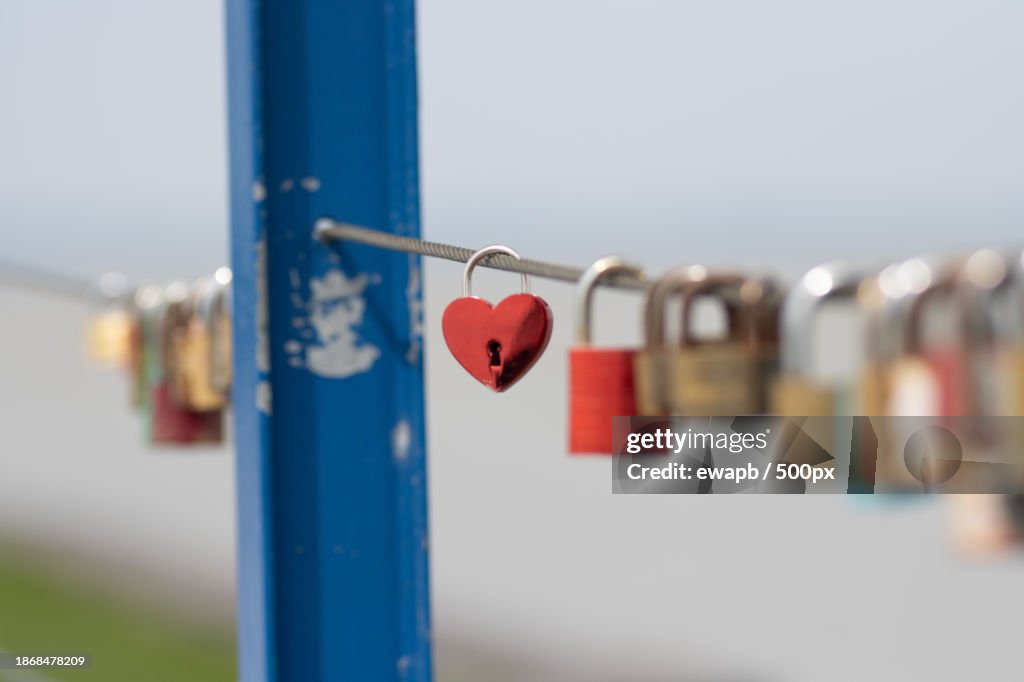 Close-up of padlocks hanging on railing,Podersdorf am See,Burgenland,Austria