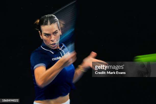 Ajla Tomljanovic plays a forehand during a practice session ahead of the 2024 United Cup at Ken Rosewall Arena on December 20, 2023 in Sydney,...
