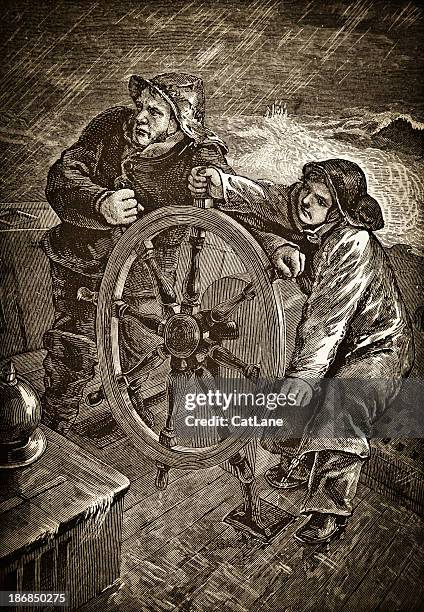 sailors at sea - victorian steel engraving - boat captain stock illustrations