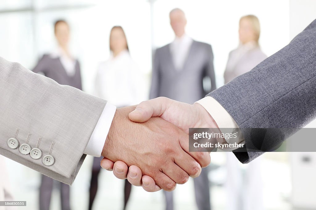 Close-up of business people`s arms handshaking.