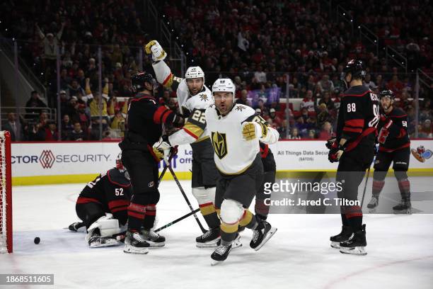 William Carrier of the Vegas Golden Knights reacts after scoring a goal during the first period of the game against the Carolina Hurricanes at PNC...