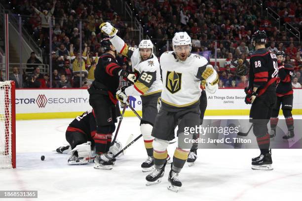 William Carrier of the Vegas Golden Knights reacts with his team after scoring a goal during the first period of the game against the Carolina...