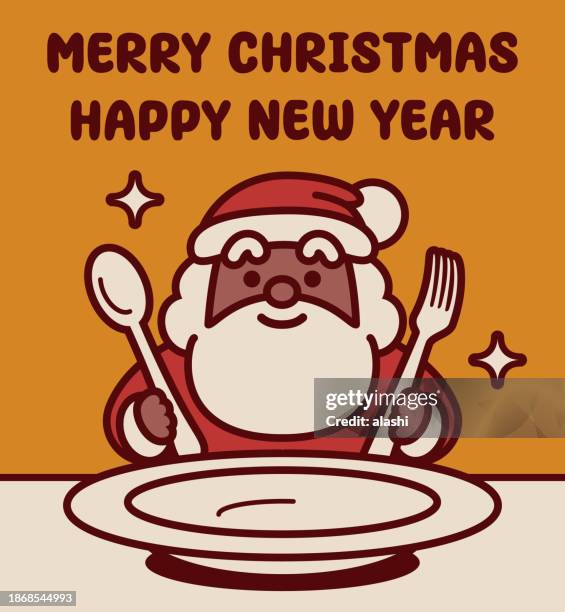 ilustraciones, imágenes clip art, dibujos animados e iconos de stock de el adorable papá noel negro se sienta a la mesa con una cuchara, un tenedor y un plato vacío, listo para cenar, y te desea una feliz navidad y un próspero año nuevo - banquete navidad