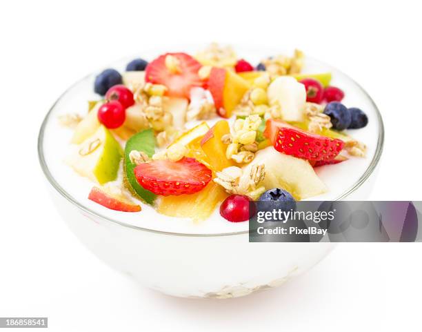 healthy breakfast - yogurt with fresh fruits and muesli - apple parfait stock pictures, royalty-free photos & images