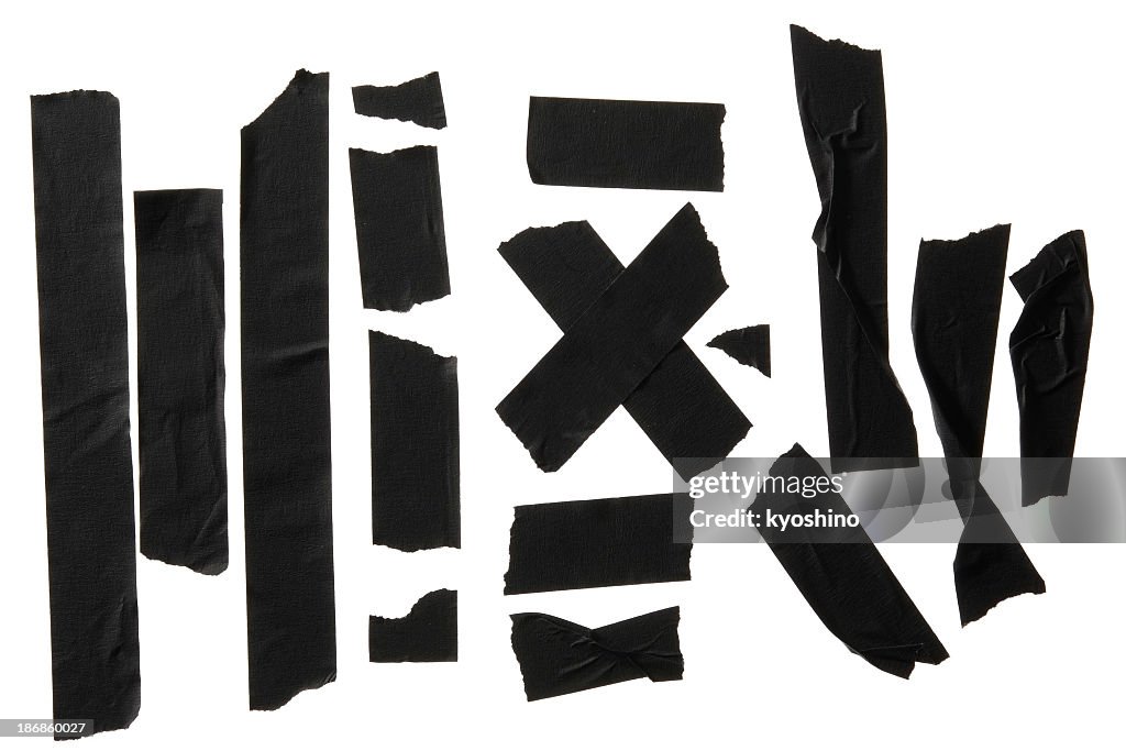 Isolated shot of many torn adhesive tape on white background