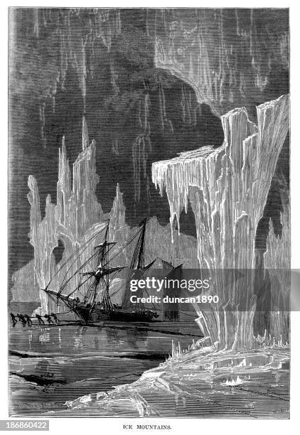 ship trapped in the ice - northwest passage stock illustrations