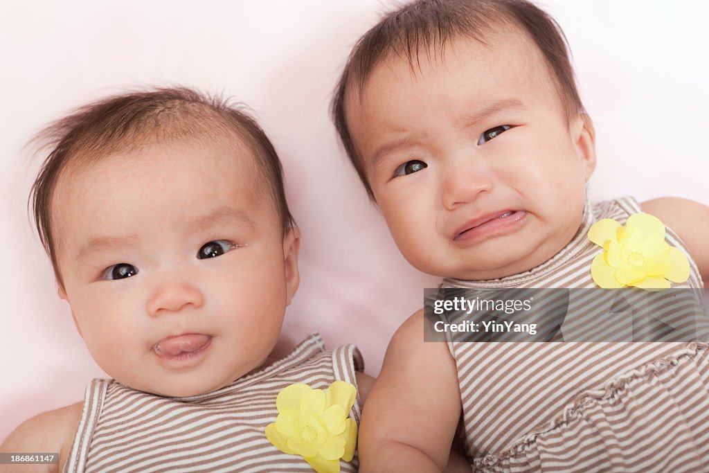 Asian Twin Baby Girls, Chinese Infants Happy, Sad, Cheerful, Crying