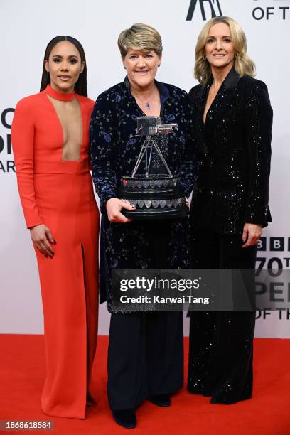 Alex Scott, Clare Balding and Gabby Logan attend the BBC Sports Personality Of The Year 2023 at Dock10 Studios on December 19, 2023 in Manchester,...