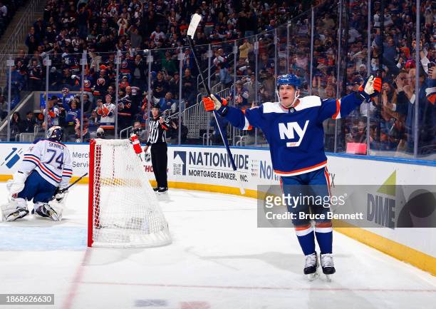 Bo Horvat of the New York Islanders celebrates his powerplay goal against Stuart Skinner of the Edmonton Oilers at 11:30 0f the second period at UBS...